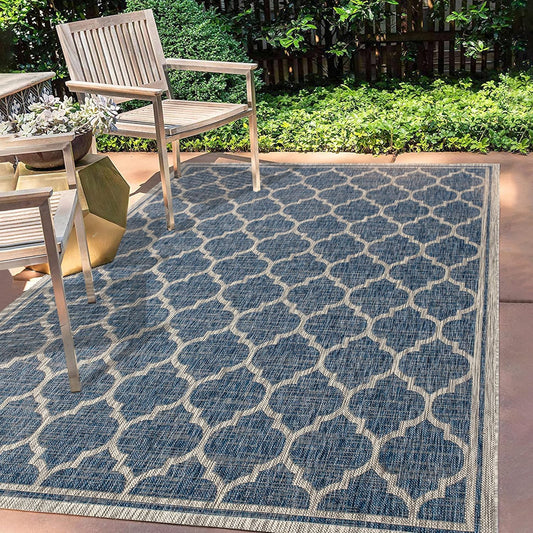 Eyely BMS109D-4 Santa Monica Trebol Moroccan Trellis Textured Weave Indoor/Outdoor Area Rug Coastal;Bohemian, Bedroom, Backyard, Patio, Easy-Cleaning, Non-Shedding, 4 X 6, Navy/Gray