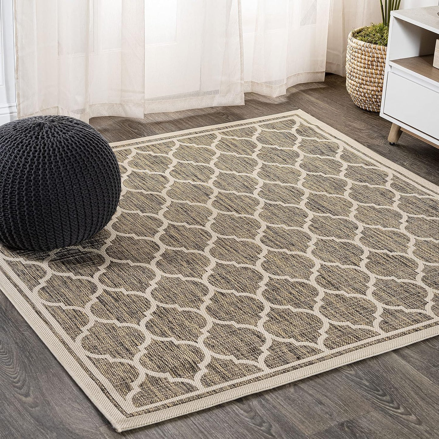 Eyely BMS109A-3SQ Santa Monica Trebol Moroccan Trellis Textured Weave, Pet Friendly, Non-Shedding, Stain Resistant, Easy-Cleaning, Brown/Beige, 3' Square, Indoor/Outdoor, Area Rug