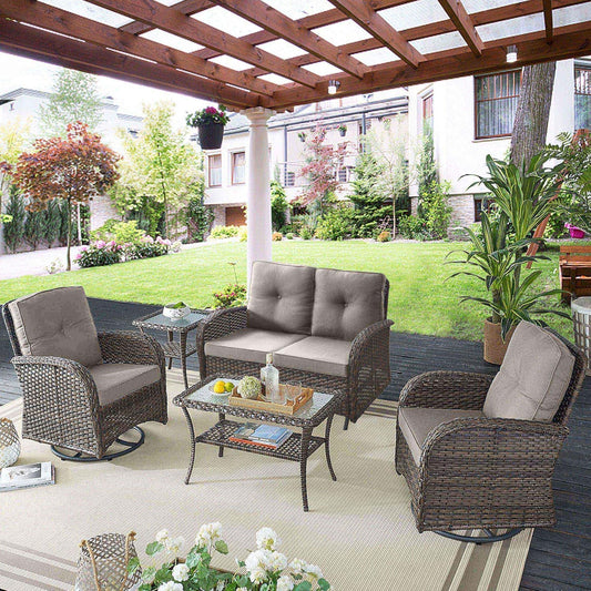 5 Piece Outdoor Patio Furniture Set with Deep Seating Swivel Rocker Chairs Loveseat and Rattan Coffee Table Outdoor Conversation Sets for Deck Backyard Poolside, Gray