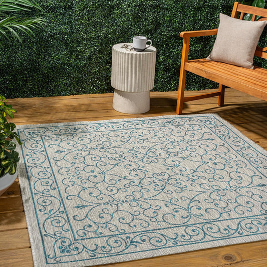 JONATHAN Y SMB106E-5SQ Charleston Vintage Filigree Textured Weave Gray/Teal 5' Square Indoor/Outdoor Area Rug, Pet Friendly, Non-Shedding, Stain Resistant, Easy-Cleaning for Backyard, Patio, Porch