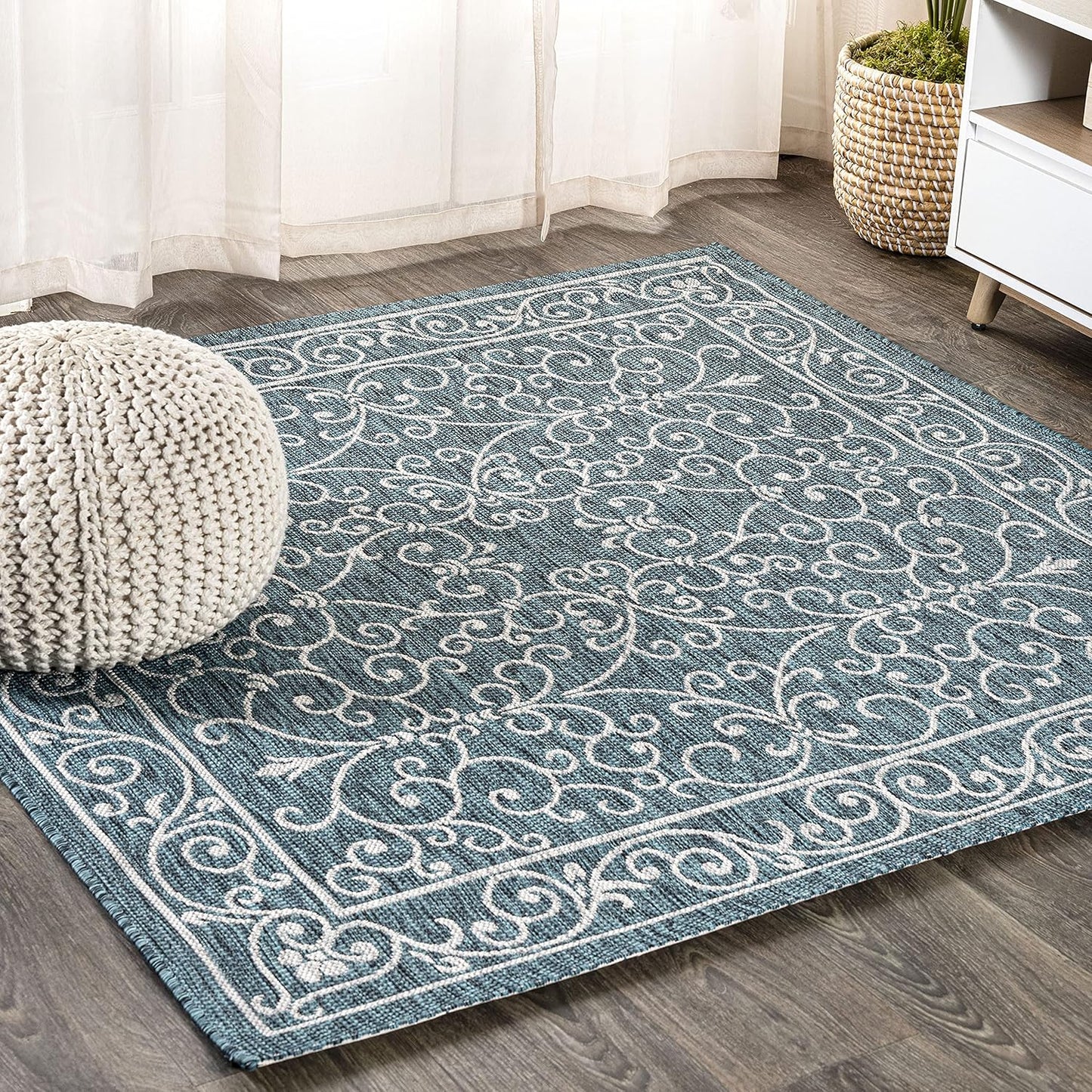 JONATHAN Y SMB106F-5SQ Charleston Vintage Filigree Textured Weave Indoor Outdoor Area Rug Classic Coastal Easy Cleaning Bedroom Kitchen Backyard Patio Non Shedding, 5' Square, Teal/Gray