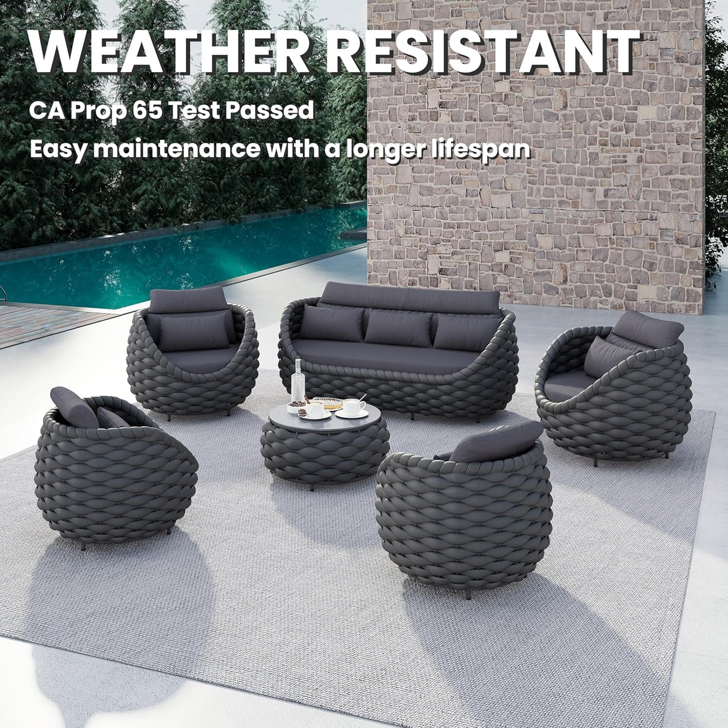 6 Pieces Rope Patio Furniture Set: Aluminum Outdoor Couch Set Cushioned - Assembled Porch Conversation Sofa Set Modern - Metal Patio Seating for 7 Person Deck Garden Poolside Hotel, Dark Gray