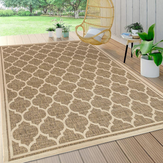 Eyely BMS109A-4 Santa Monica Trebol Moroccan Trellis Textured Weave Indoor/Outdoor Area Rug Coastal;Bohemian, Bedroom, Backyard, Patio, Easy-Cleaning, Non-Shedding, 4 X 6, Brown/Beige