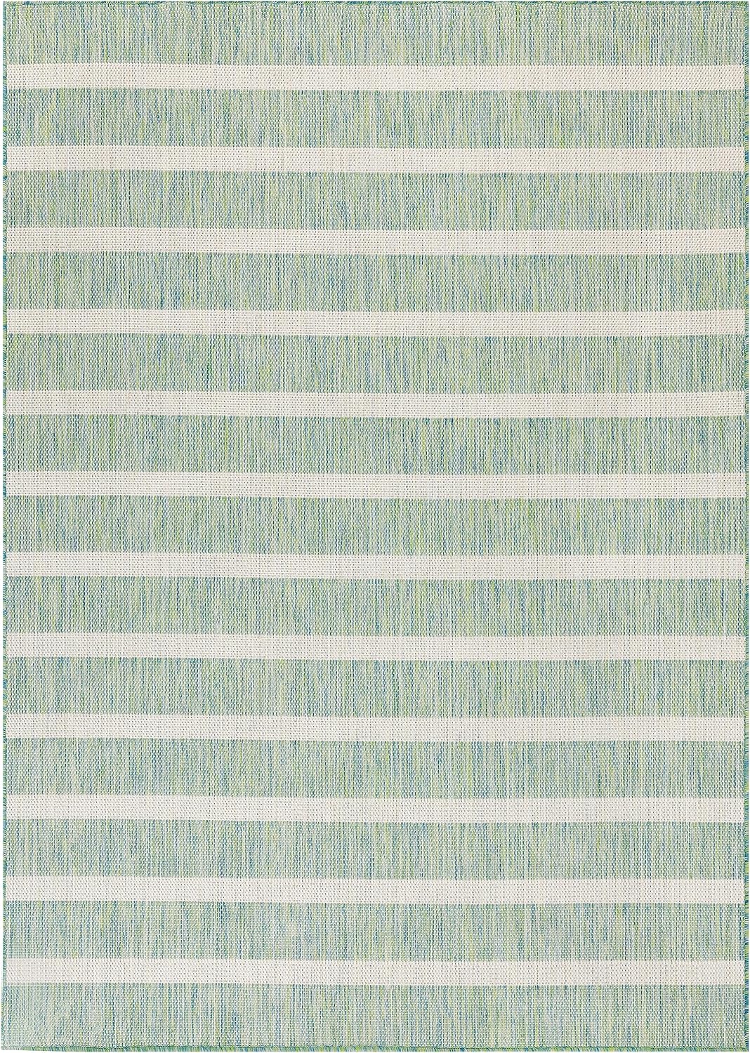Nourison Home Positano 9' x 12' Indoor/Outdoor Blue Green Ivory Area Rug, Easy Cleaning, Non Shedding, Coastal Style, Striped, Rectangular