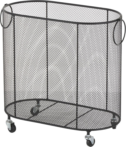 Deco 79 Metal Storage Cart Oval Mesh Wire Rolling Laundry with Ring Handles, 21" x 12" x 21", Black