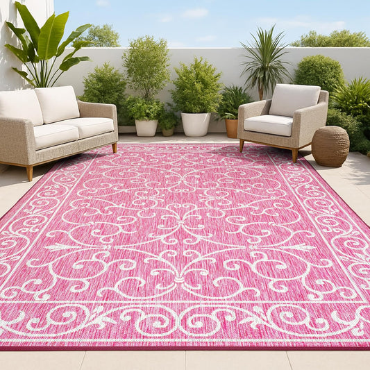 JONATHAN Y SMB106J-5 Charleston Vintage Filigree Textured Weave Indoor Outdoor Area Rug, Classic Traditional Easy-Cleaning,Bedroom,Kitchen,Backyard,Patio,Non Shedding, 5 X 8, Fuchsia/Light Gray