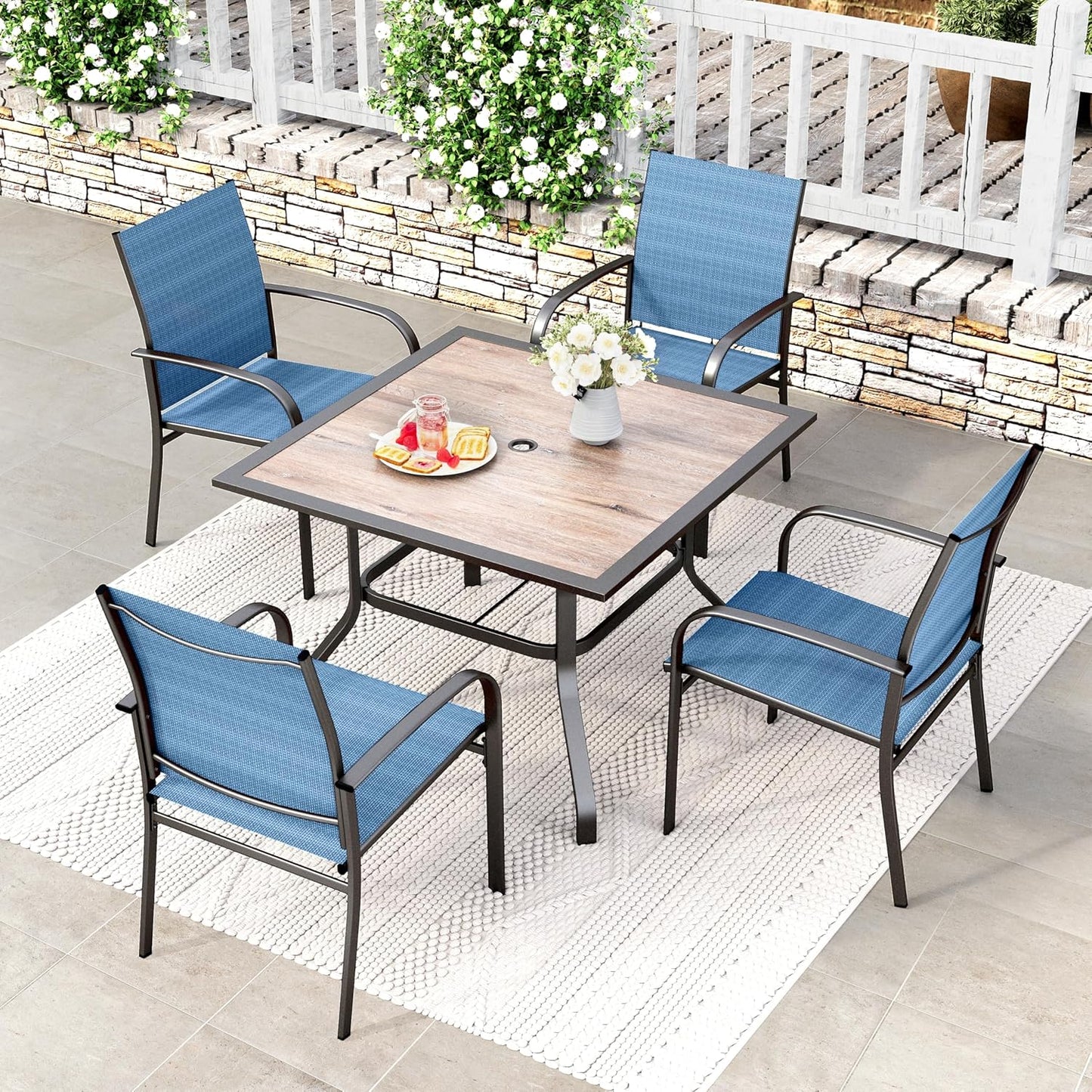HERA'S HOUSE Outdoor Dining Set 5 Piece Patio Table and Chairs Set, 4 x Textilene Dining Chair, 37" Square Wood Look Dining Table, for Lawn Garden Backyard Deck (Blue)