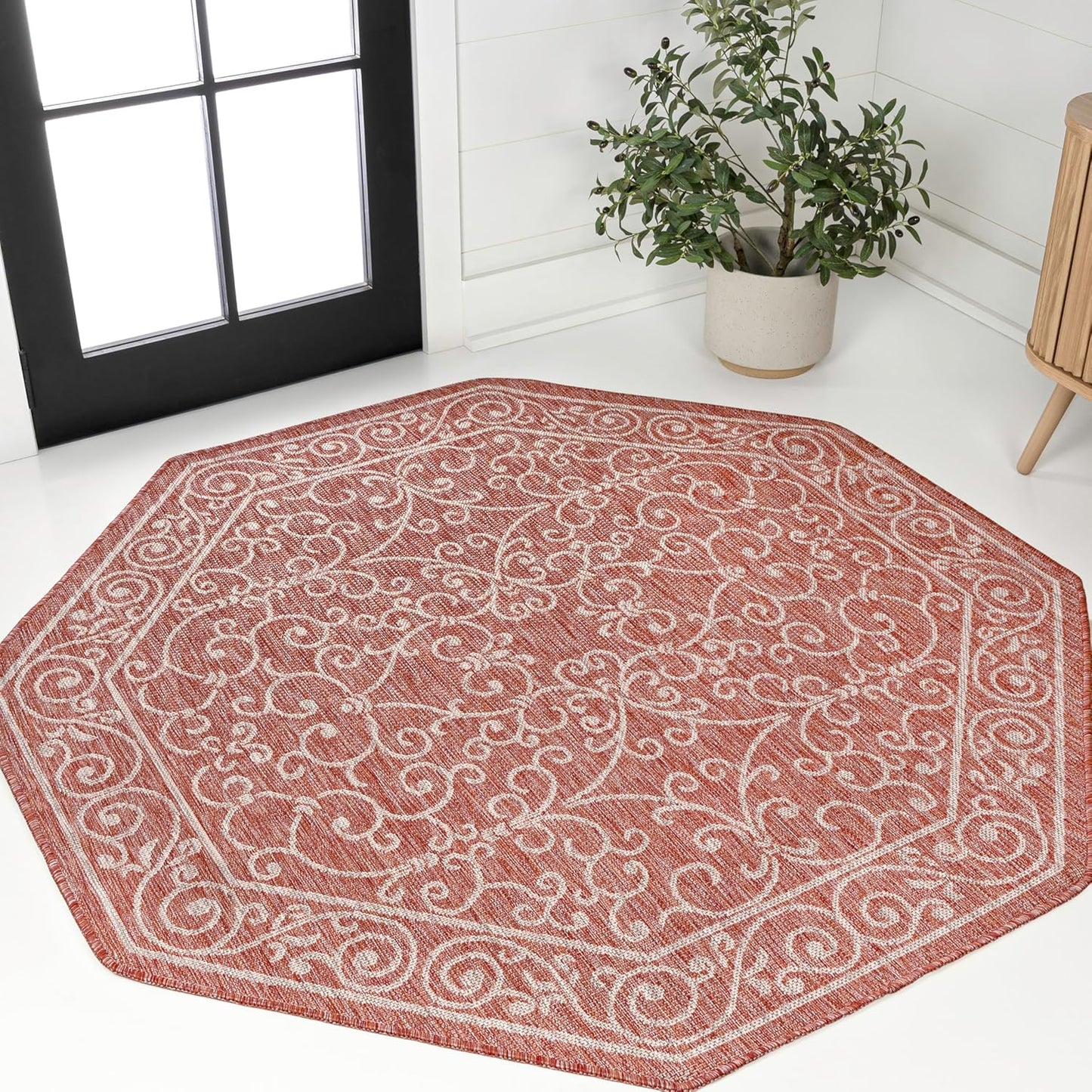 JONATHAN Y SMB106B-8TGN Charleston Vintage Filigree Textured Weave Red/Beige 8' Octagon Indoor/Outdoor Area Rug, Non-Shedding, Stain Resistant,Fade Resistant, Easy-Cleaning for Backyard Patio, Porch