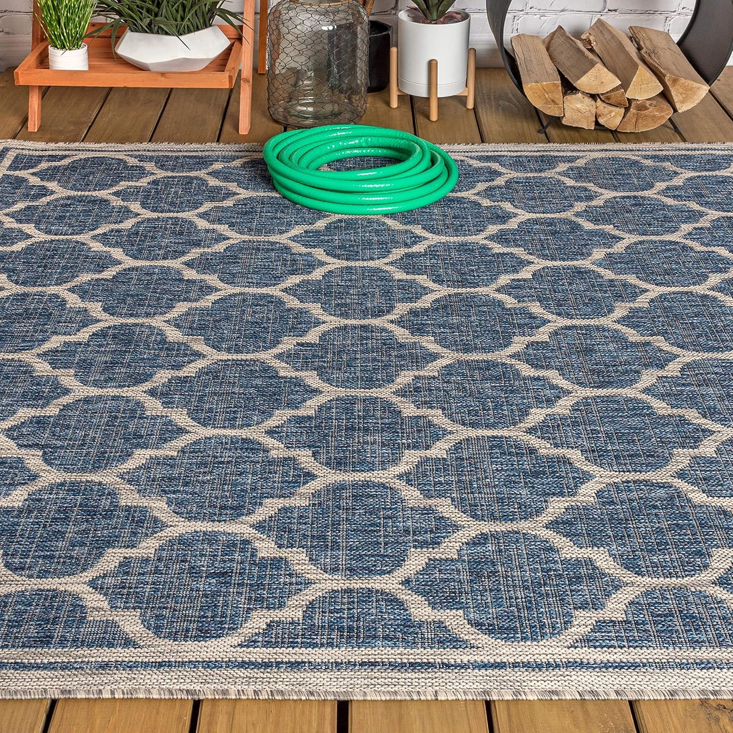 Eyely BMS109D-4 Santa Monica Trebol Moroccan Trellis Textured Weave Indoor/Outdoor Area Rug Coastal;Bohemian, Bedroom, Backyard, Patio, Easy-Cleaning, Non-Shedding, 4 X 6, Navy/Gray