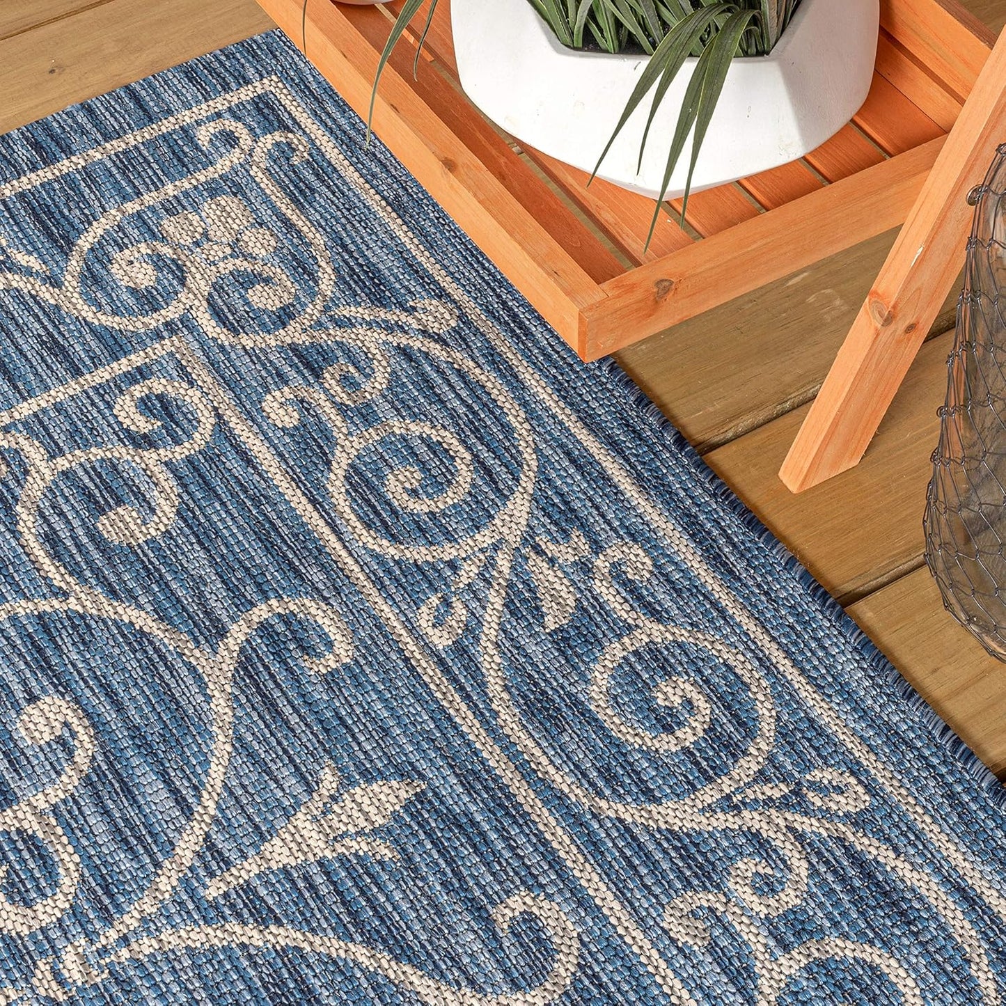 JONATHAN Y SMB106D-210 Charleston Vintage Filigree Textured Weave Indoor Outdoor Runner Rug Classic Coastal Easy-Cleaning Bedroom Kitchen Backyard Patio Non Shedding, 2 X 10, Navy/Gray