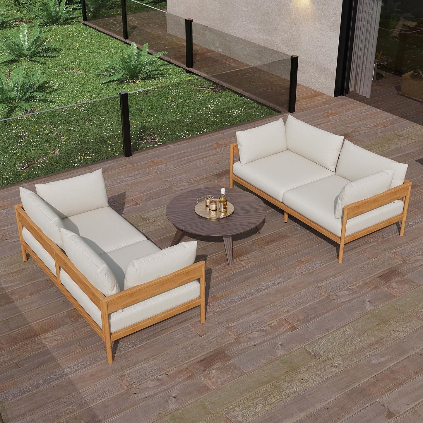 Acanva Modern Outdoor Patio Furniture Set, All-Weather Aluminium Conversation Sectional Sofa with Thick Cushions for Backyard, Garden, Porch, Loveseat, Beige