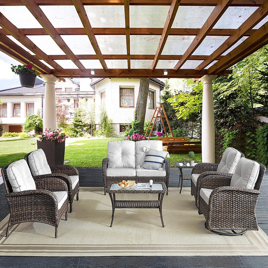 7 Piece Outdoor Patio Wicker Furniture Sets with Swivel Rocker Chairs, Rattan Loveseat Conversation Sets for Patio Deck Backyard Poolside, Beige Cushion