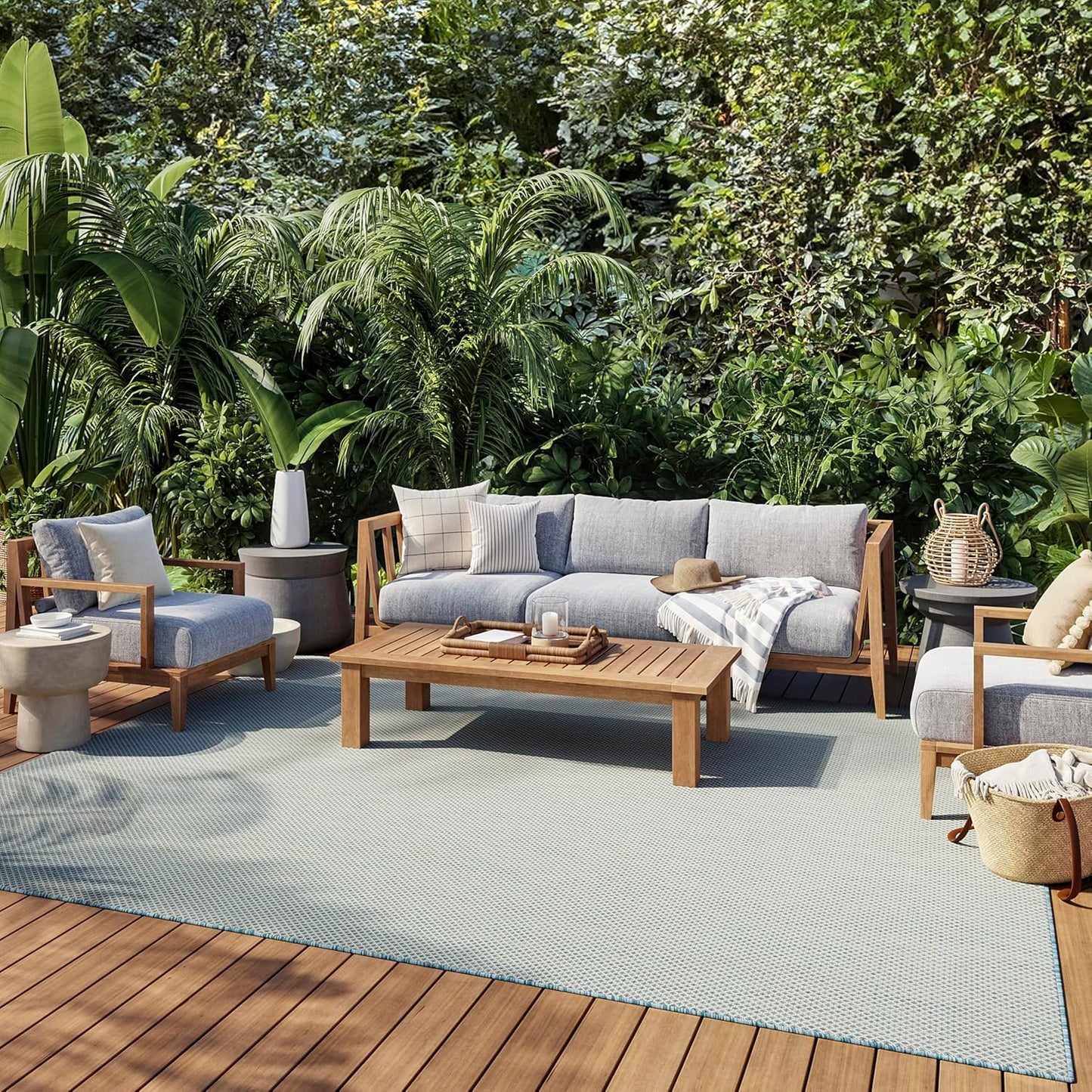 Nourison Courtyard Indoor/Outdoor Ivory Aqua 8' x 10' Area Rug, Geometric, Easy Cleaning, Non Shedding, Bed Room, Living Room, Dining Room, Deck, Patio, Backyard (8x10)