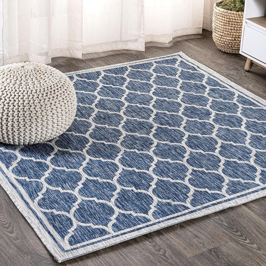 Eyely BMS109D-4SQ Santa Monica Trebol Moroccan Trellis Textured Weave, Pet Friendly, Non-Shedding, Stain Resistant, Easy-Cleaning, Navy/Gray, 4' Square, Indoor/Outdoor, Area Rug