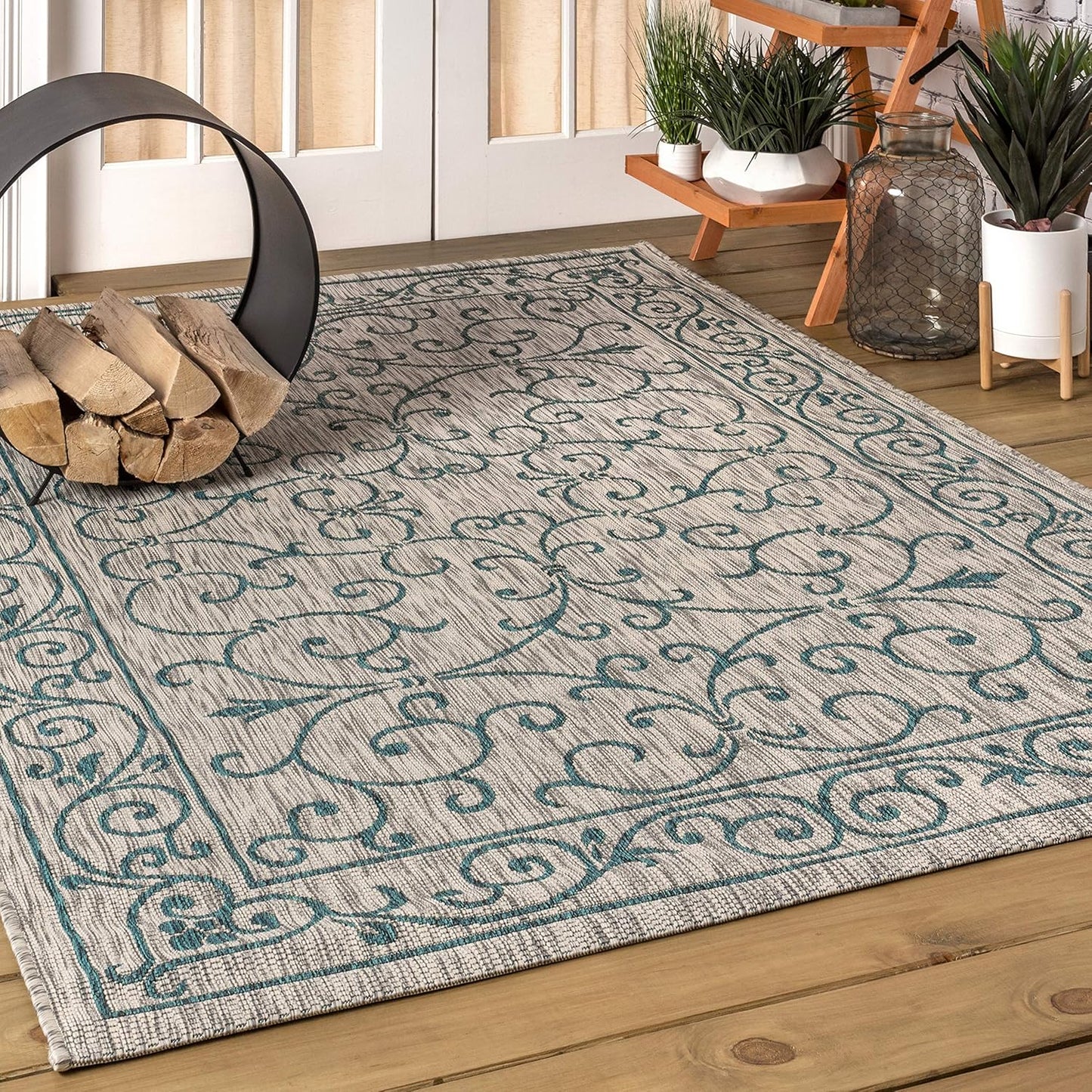 JONATHAN Y SMB106E-3 Charleston Vintage Filigree Textured Weave Indoor Outdoor Rug LivingRoom Backyard,3 X 5,Gray/Teal