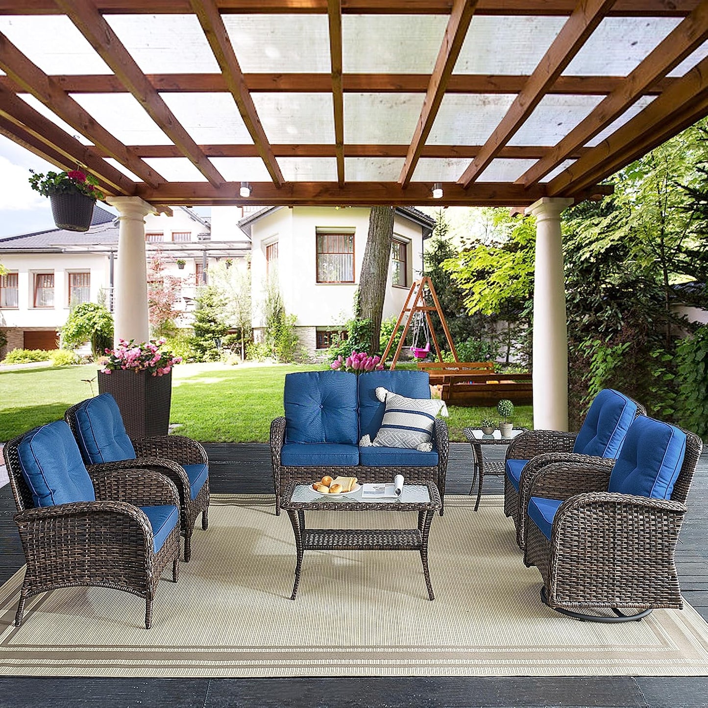 7 Piece Outdoor Patio Wicker Furniture Sets with Swivel Rocker Chairs, Rattan Loveseat Conversation Sets for Patio Deck Backyard Poolside, Blue Cushion