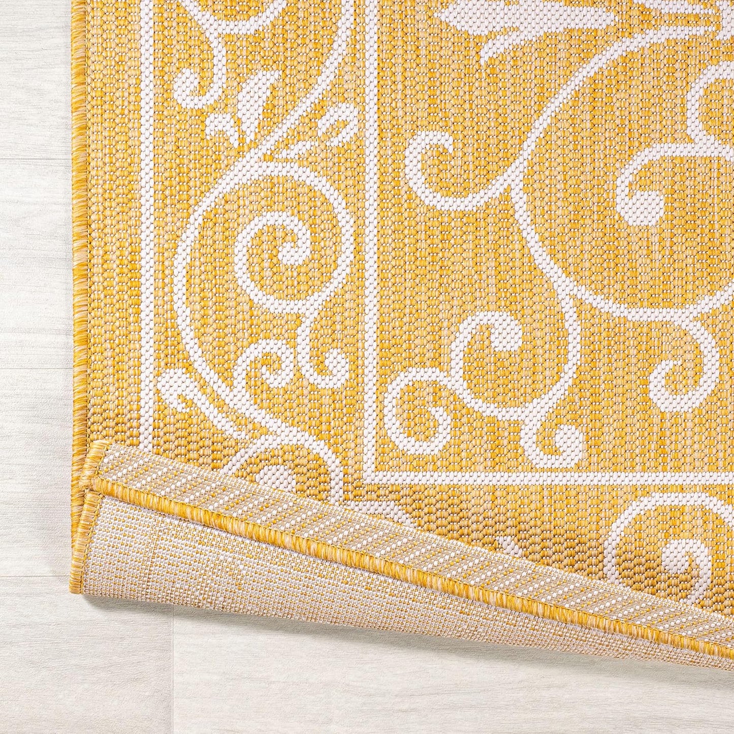 JONATHAN Y SMB106L-28 Charleston Vintage Filigree Textured Weave Indoor Outdoor Runner Rug, Classic, Traditional, Transitional Easy Clean,Bedroom,Kitchen,Backyard,Patio, Non-Shed, Yellow/Cream, 2 X 8