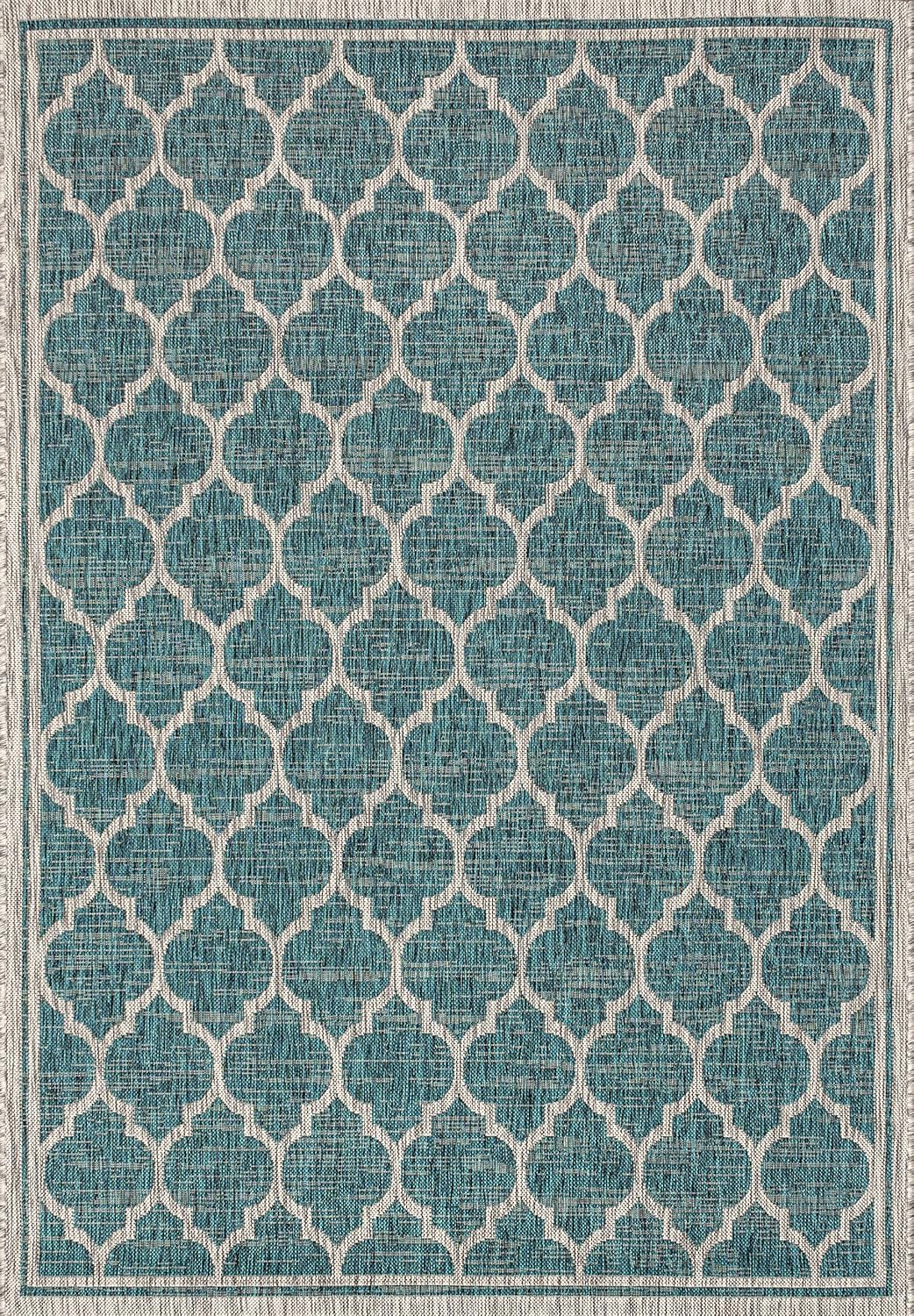 Eyely BMS109E-5 Santa Monica Trebol Moroccan Trellis Textured Weave Indoor/Outdoor Area Rug Coastal;Bohemian, Bedroom, Backyard, Patio, Easy-Cleaning, Non-Shedding, 5 X 8, Teal/Gray