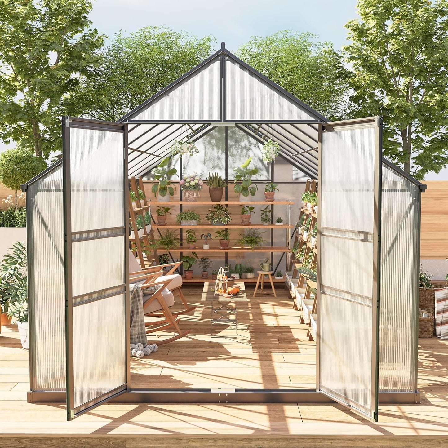8*16 FT Outdoor Walk-in Greenhouse, Polycarbonate Green House, Heavy Duty Greenhouse with Vented Roof Window, Windproof Aluminum Frame, Suitable for Outside Gardening, Backyard, Patio