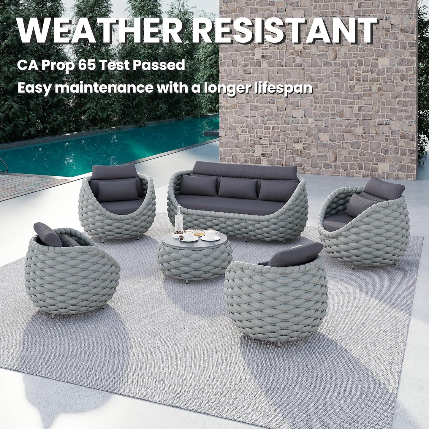 6 Pieces Rope Patio Furniture Set: Aluminum Outdoor Couch Set Cushioned - Assembled Conversation Sofa Set Modern - Metal Porch Seating for 7 Person - All Weather for Deck Garden Poolside Hotel