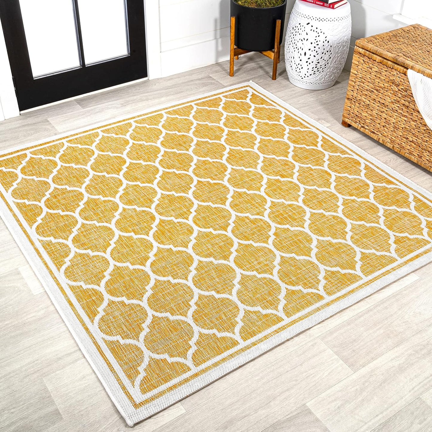 Eyely BMS109F-5SQ Santa Monica Trebol Moroccan Trellis Textured Weave Indoor/Outdoor Area Rug Coastal;Bohemian, Bedroom, Backyard, Patio, Easy-Cleaning, Non-Shedding, 5' Square, Yellow/Cream