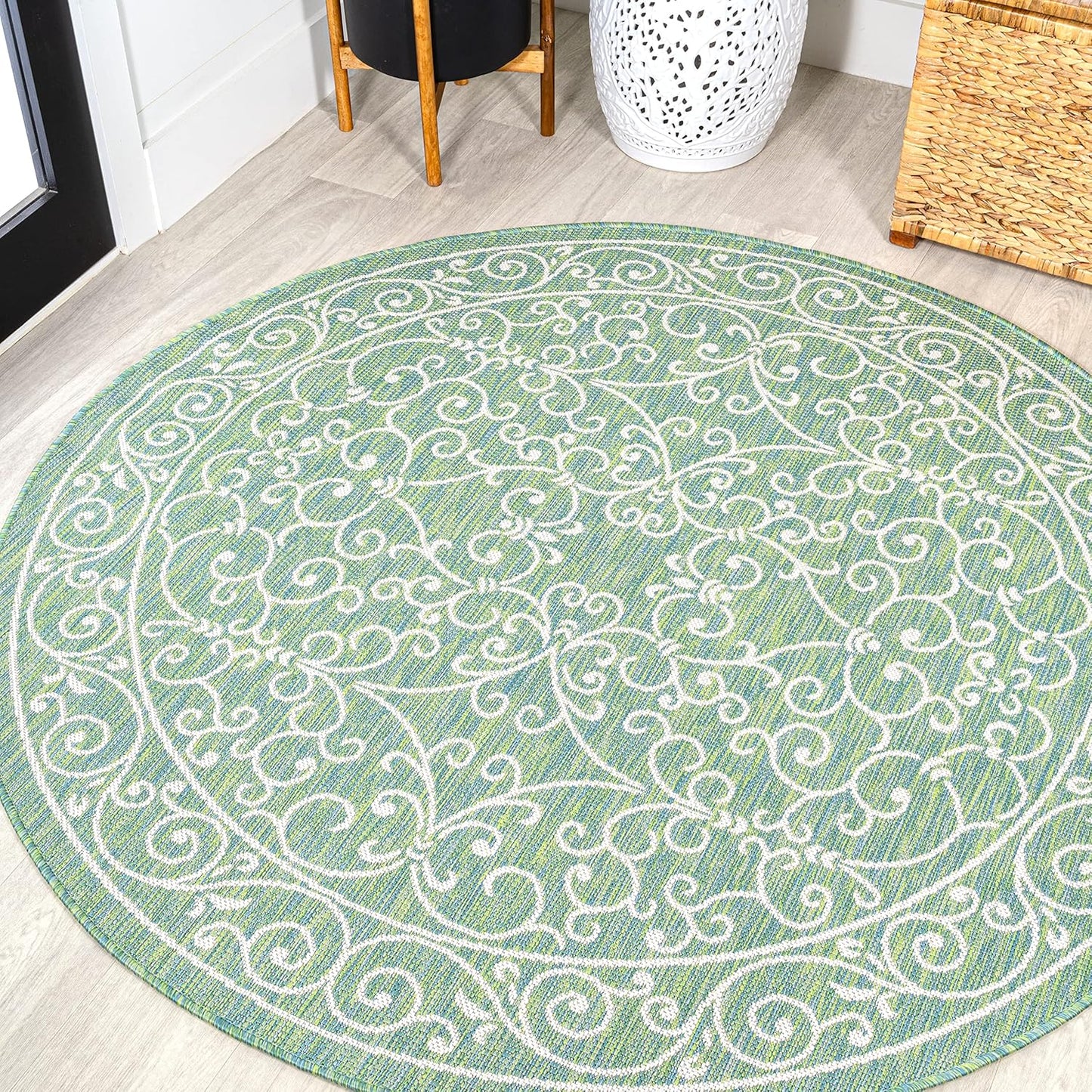 JONATHAN Y SMB106K-5R Charleston Vintage Filigree Textured Weave Indoor Outdoor Area Rug, Bohemian Coastal Classic Easy Cleaning,Bedroom,Kitchen,Backyard,Patio,Non Shedding, Green/Ivory, 5' Round