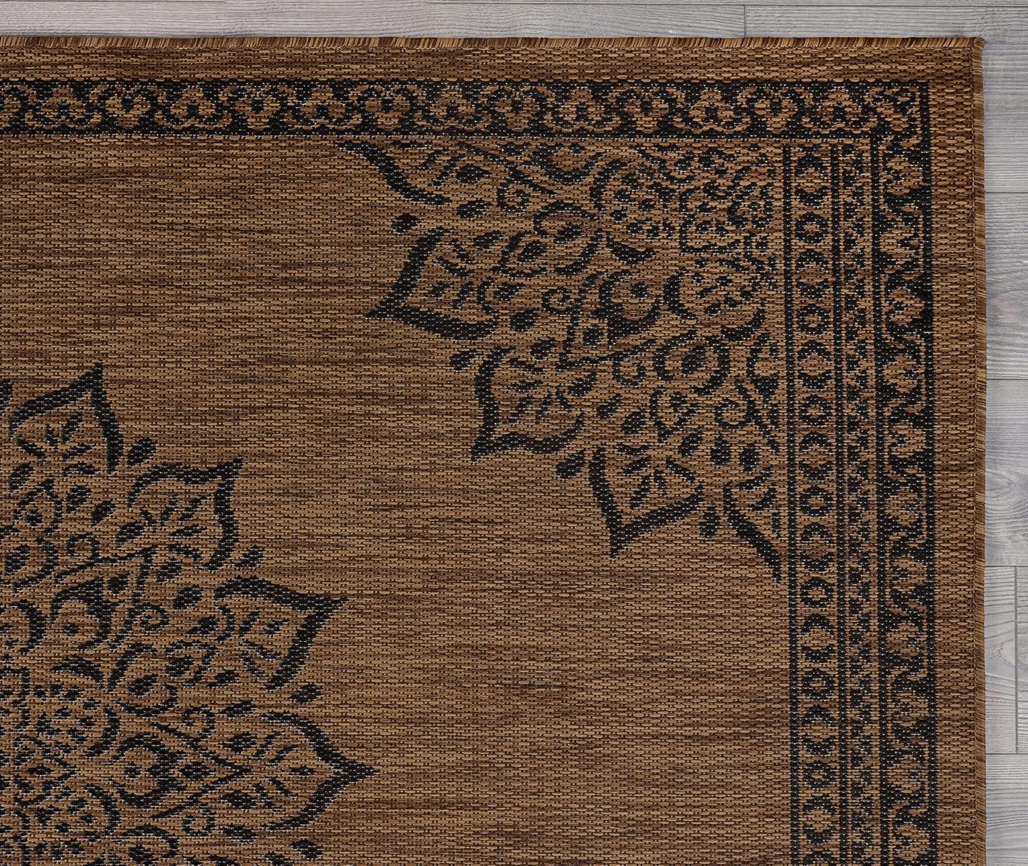 CAMILSON Outdoor Rug, 10x14 Medallion Nut Brown Black Modern Area Rugs for Large Indoor and Outdoor Patios, Kitchen and Hallway Mats, Washable Porch Deck Outside Carpet (Nut Brown Black, 10 x 14)