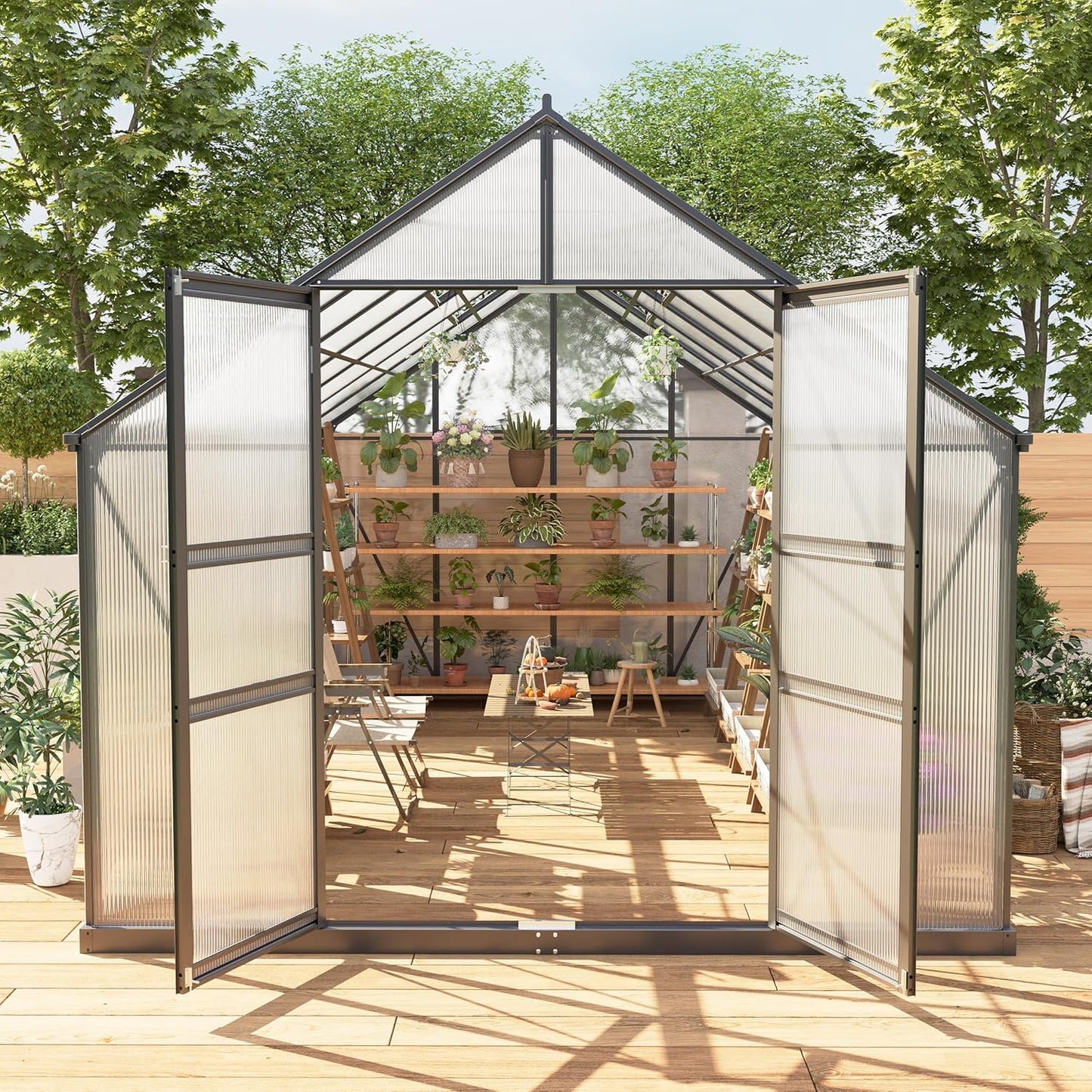 8*14 FT Outdoor Walk-in Greenhouse, Polycarbonate Green House, Heavy Duty Greenhouse with Vented Roof Window, Windproof Aluminum Frame, Suitable for Outside Gardening, Backyard, Patio