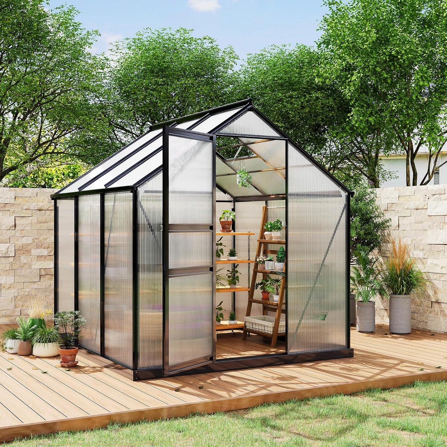 6*6 FT Outdoor Walk-in Greenhouse, Polycarbonate Green House, Heavy Duty Greenhouse with Vented Roof Window, Windproof Aluminum Frame, Suitable for Outside Gardening, Backyard, Patio