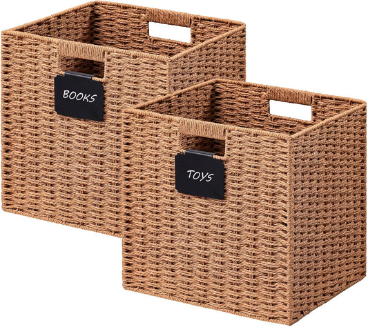 UBBCARE 2 Pack Wicker Basket, 12×12 Storage Cubes with Label, Foldable Cube Storage Bin with Handle, Square Storage Basket for Shelves, Woven Paper Rope Basket for Organizing, Caramel