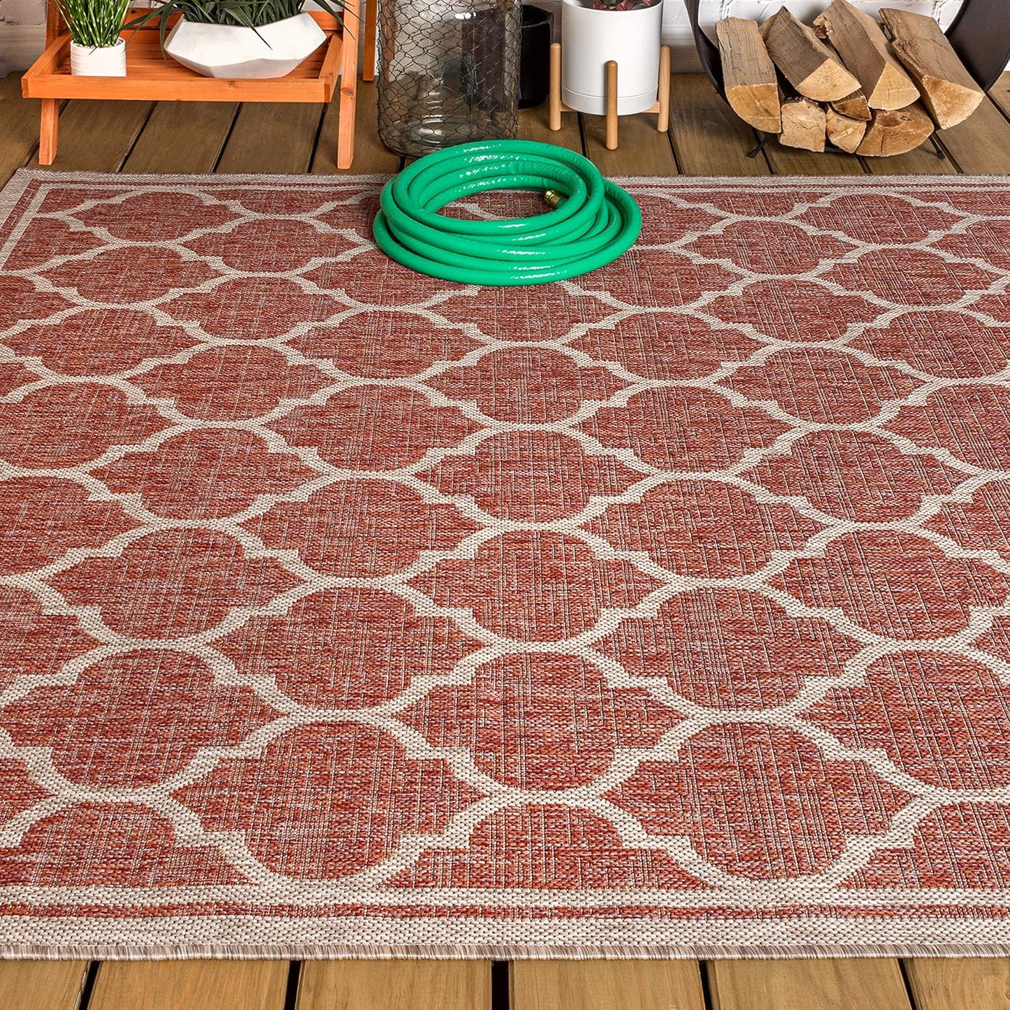 Eyely BMS109C-9 Santa Monica Trebol Moroccan Trellis Textured Weave Indoor/Outdoor Area Rug Coastal;Bohemian, Bedroom, Backyard, Patio, Easy-Cleaning, Non-Shedding, 9 X 12, Red/Beige