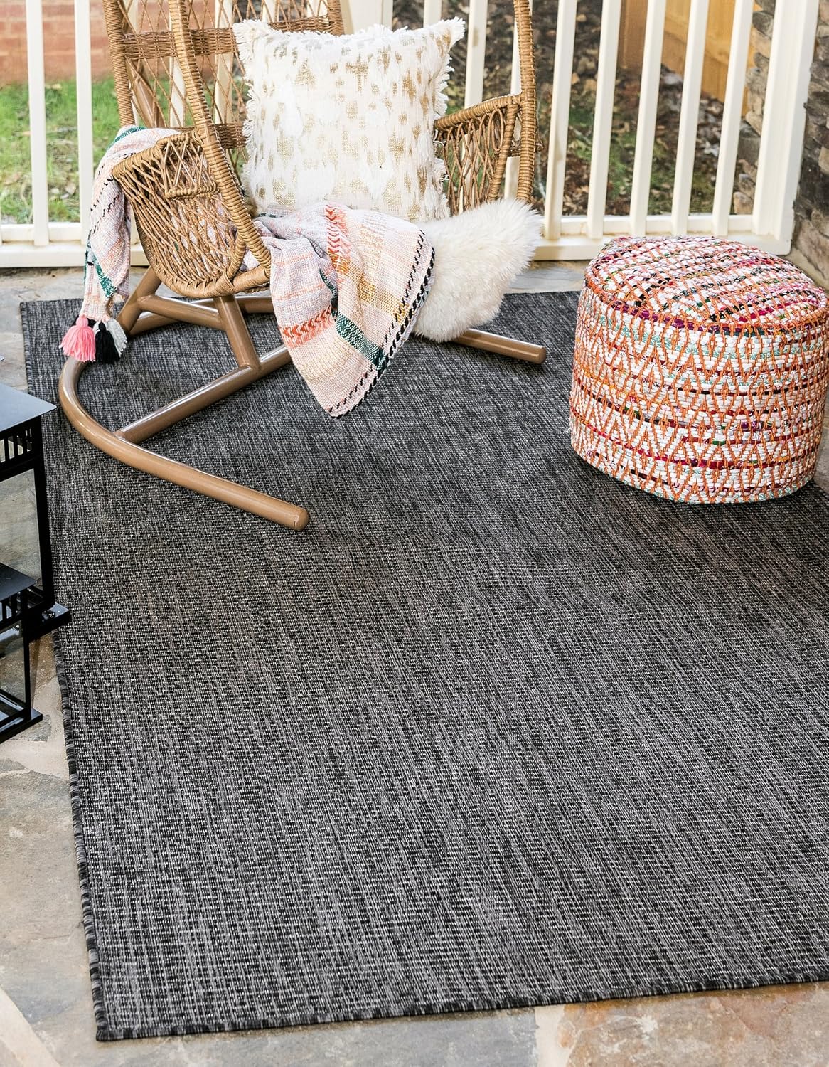 Unique Loom Collection Casual Transitional Solid Heathered Indoor/Outdoor Flatweave Area Rug (5' 1" x 8' Rectangle, Black/Ivory)