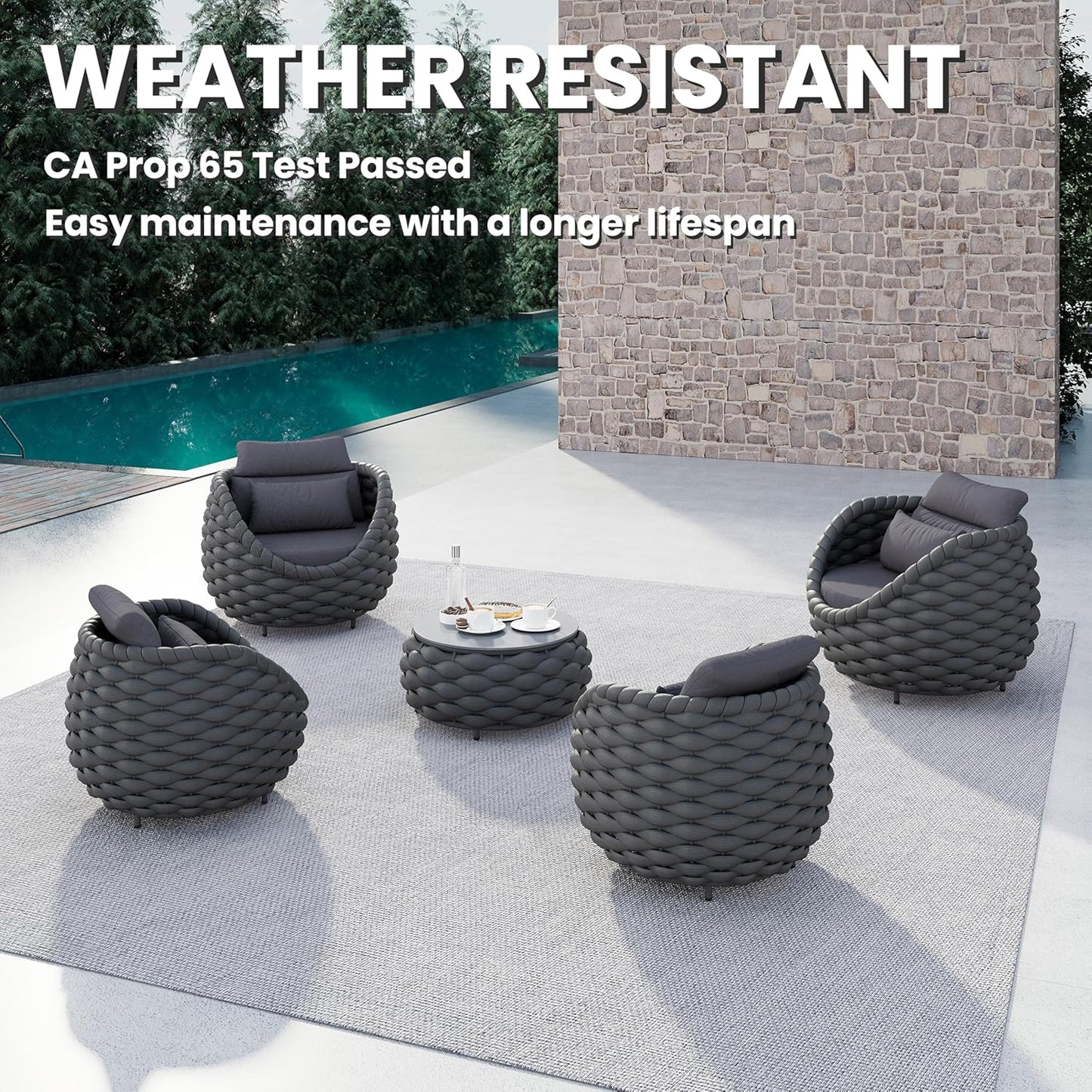 Front Porch Furniture 5 Piece Set: Aluminum Woven Rope Patio Conversation Sofa Set - Assembled Accent Chair Cushioned - Outdoor Armchair Couch Set for 400 lbs Deck Backyard Poolside Garden Hotel