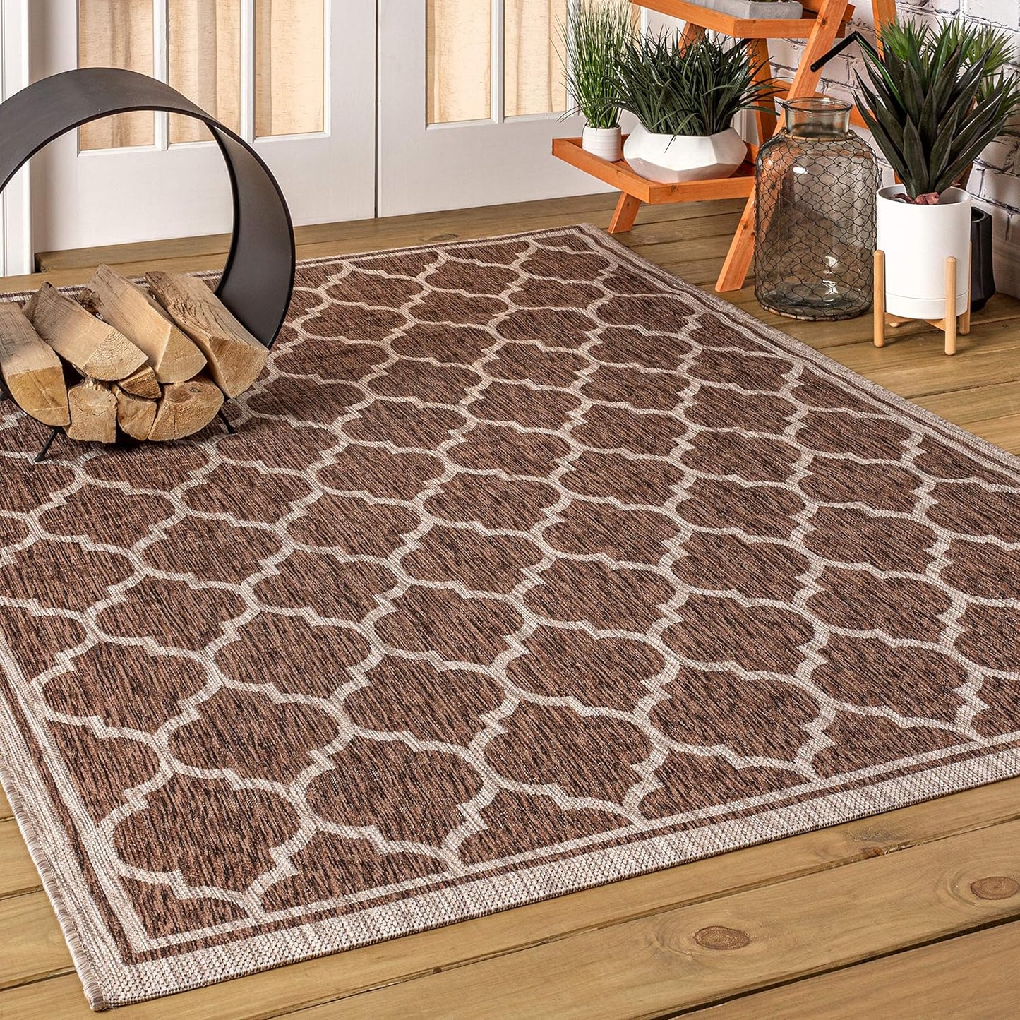 Eyely BMS109B-3 Santa Monica Trebol Moroccan Trellis Textured Weave Indoor/Outdoor Area Rug Coastal;Bohemian, Bedroom, Backyard, Patio, Easy-Cleaning, Non-Shedding, 3 X 5, Espresso/Taupe