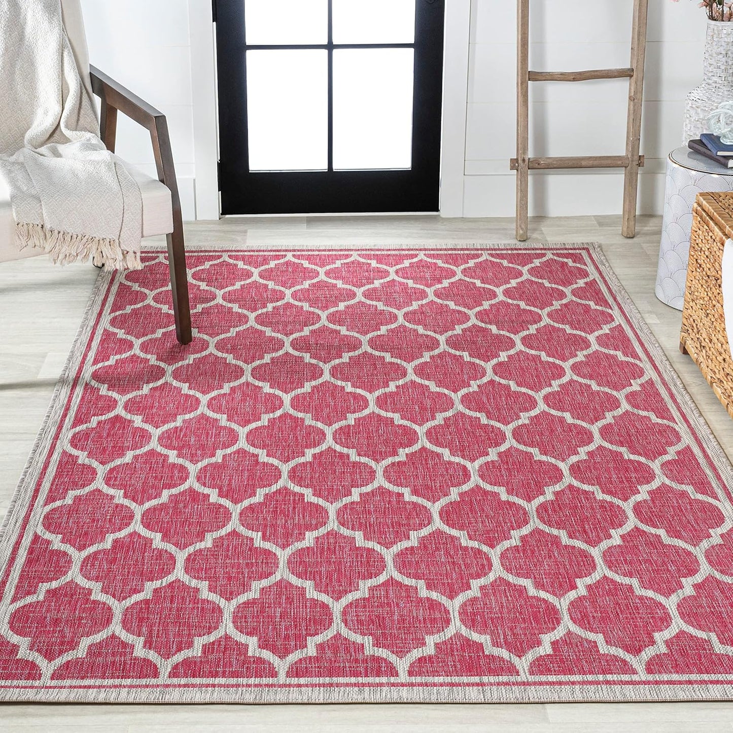 Eyely BMS109H-3 Santa Monica Trebol Moroccan Trellis Textured Weave Indoor/Outdoor Area Rug Coastal;Bohemian, Bedroom, Backyard, Patio, Easy-Cleaning, Non-Shedding, 3 X 5, Fuchsia/Light Gray