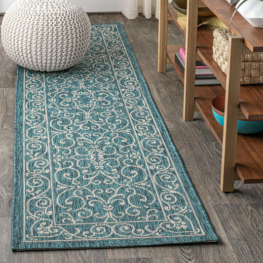 JONATHAN Y SMB106F-210 Charleston Vintage Filigree Textured Weave Indoor Outdoor Runner Rug, Classic, Traditional, Transitional Easy Clean,Bedroom,Kitchen,Backyard,Patio, Non-Shed, Teal/Gray, 2 X 10