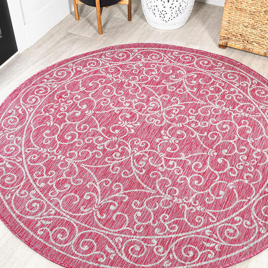 JONATHAN Y SMB106J-5R Charleston Vintage Filigree Textured Weave Indoor Outdoor Area Rug, Coastal, Bohemian, Classic Easy Clean,Bedroom,Kitchen,Backyard,Patio, Non-Shed, Fuchsia/Light Gray, 5' Round