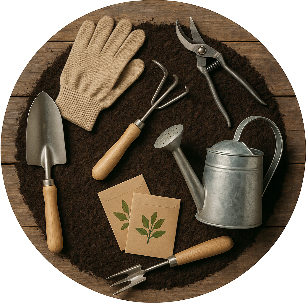 circle photo of garden tools, make a real photo